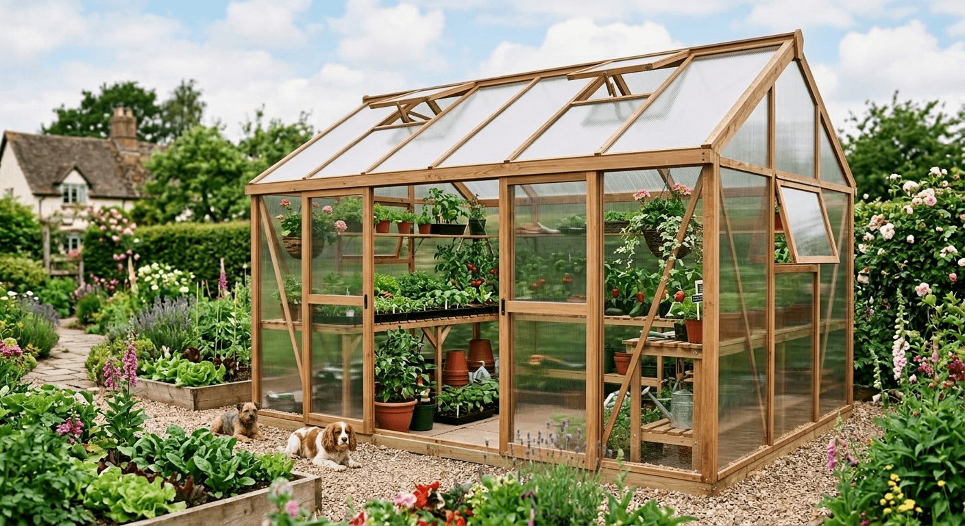 Beautiful wooden greenhouse with polycarbonate panels