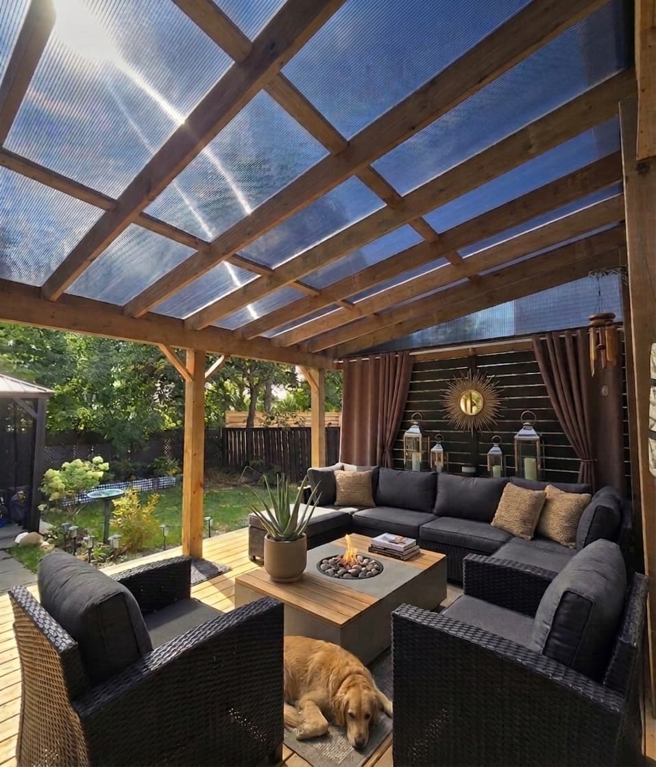 Covered veranda with a clear multiwall polycarbonate roof over a wood pergola frame, dark wicker outdoor furniture, a fire pit table, and a golden retriever resting on the deck